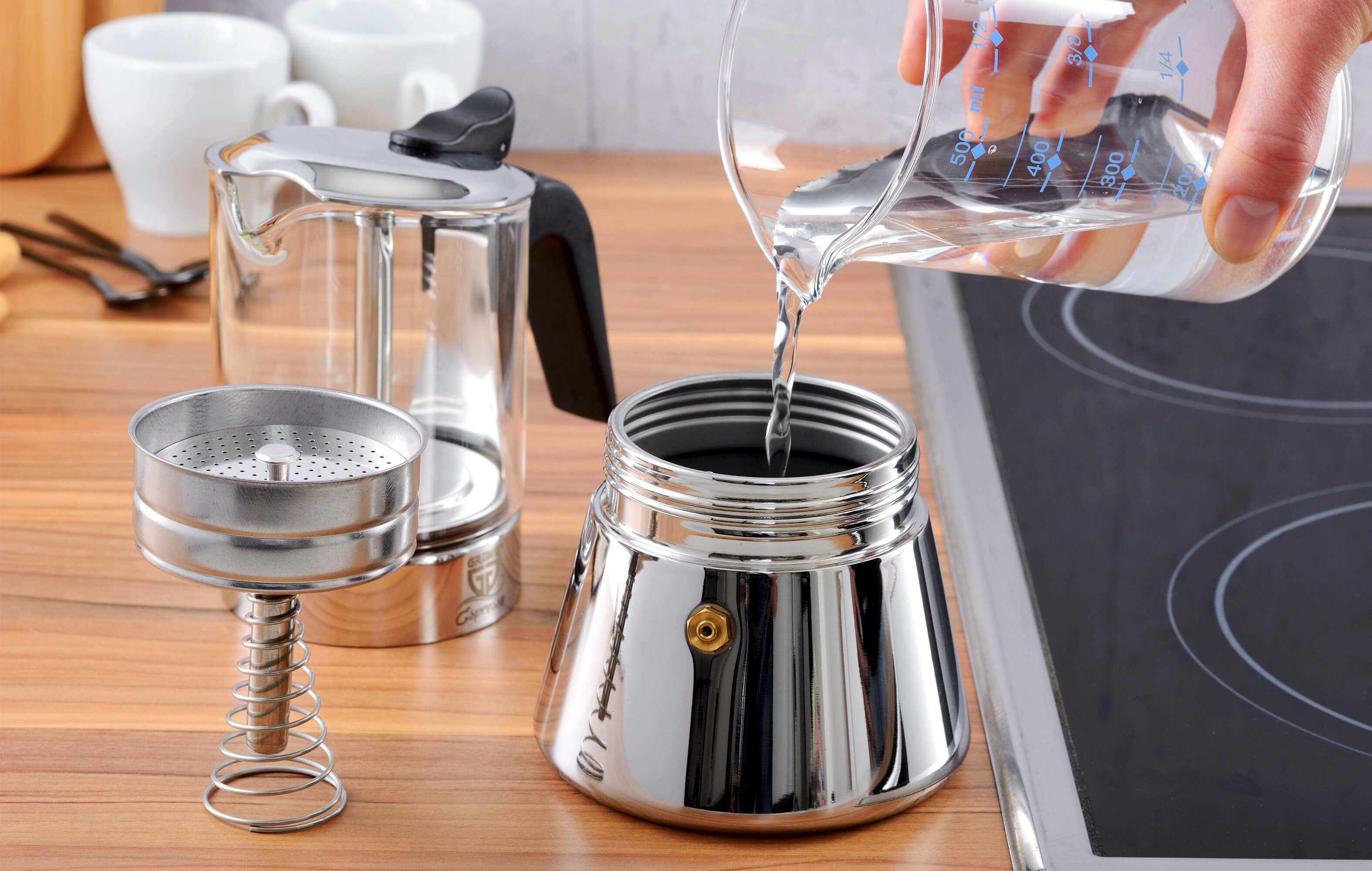 Espressokocher mit Glaskanne, 6 Tassen, Induktionsherd geeignet