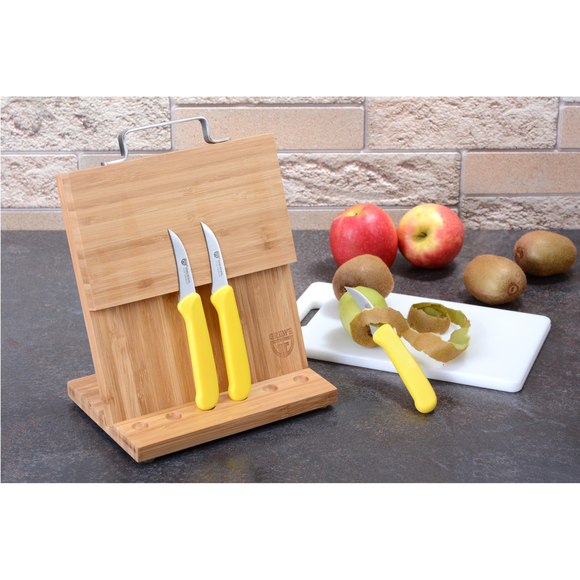 Magnet-Messerhalter Bambus klein mit Küchenmessern gelb