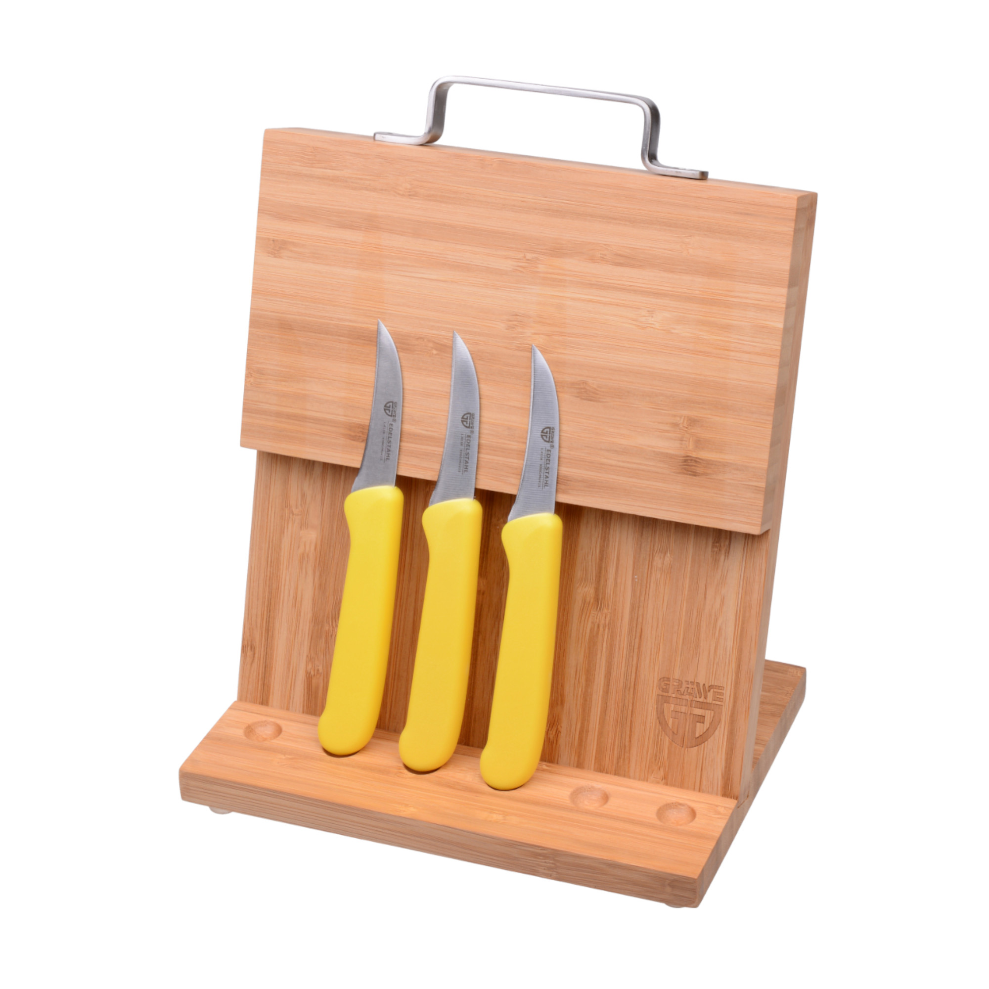 Magnet-Messerhalter Bambus klein mit Küchenmessern gelb