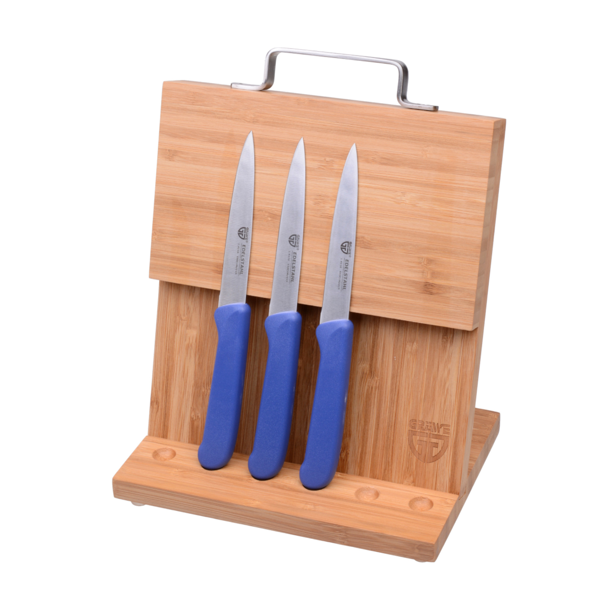 Magnet-Messerhalter Bambus klein mit Gemüsemessern blau