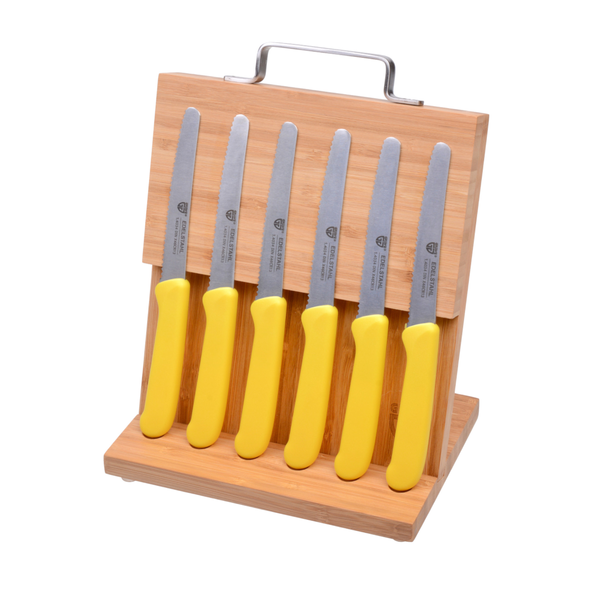 Magnet-Messerhalter Bambus klein mit Brötchenmessern gelb